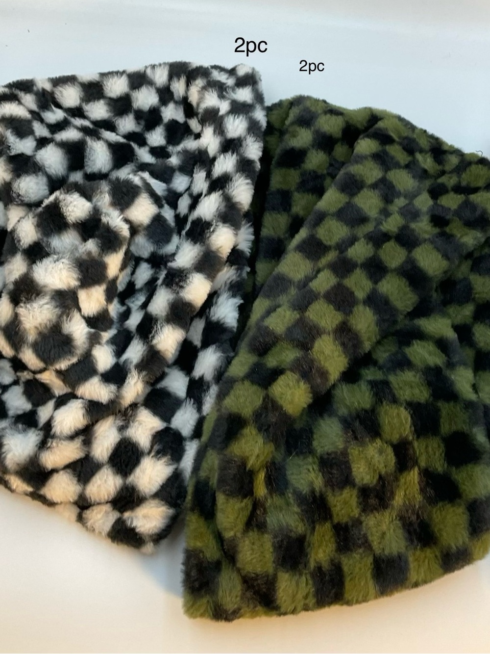 Plush Checkerboard Faux Fur Scarf - Black/White & Olive/Black